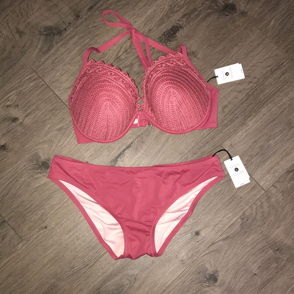 Pink Bikini, halter top and ruched hipster bottoms